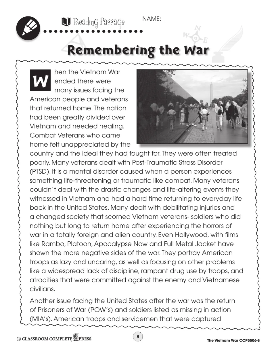 Reading passage part 1: veterans' return home, PTSD, films like Platoon, and POWs, with a photo of the Memorial Wall