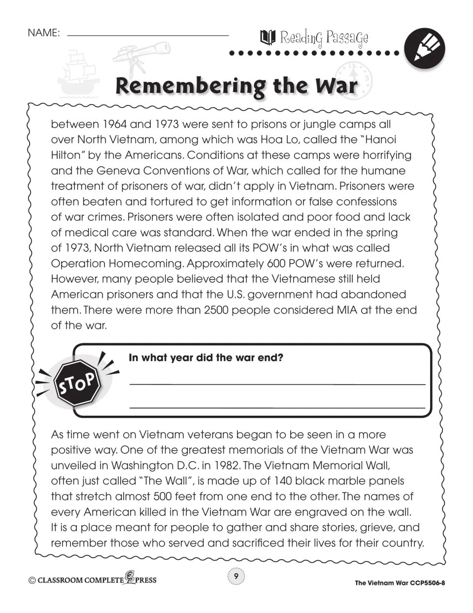 Reading passage part 2: the 'Hanoi Hilton,' Operation Homecoming, a Stop question, and The Wall unveiled in 1982