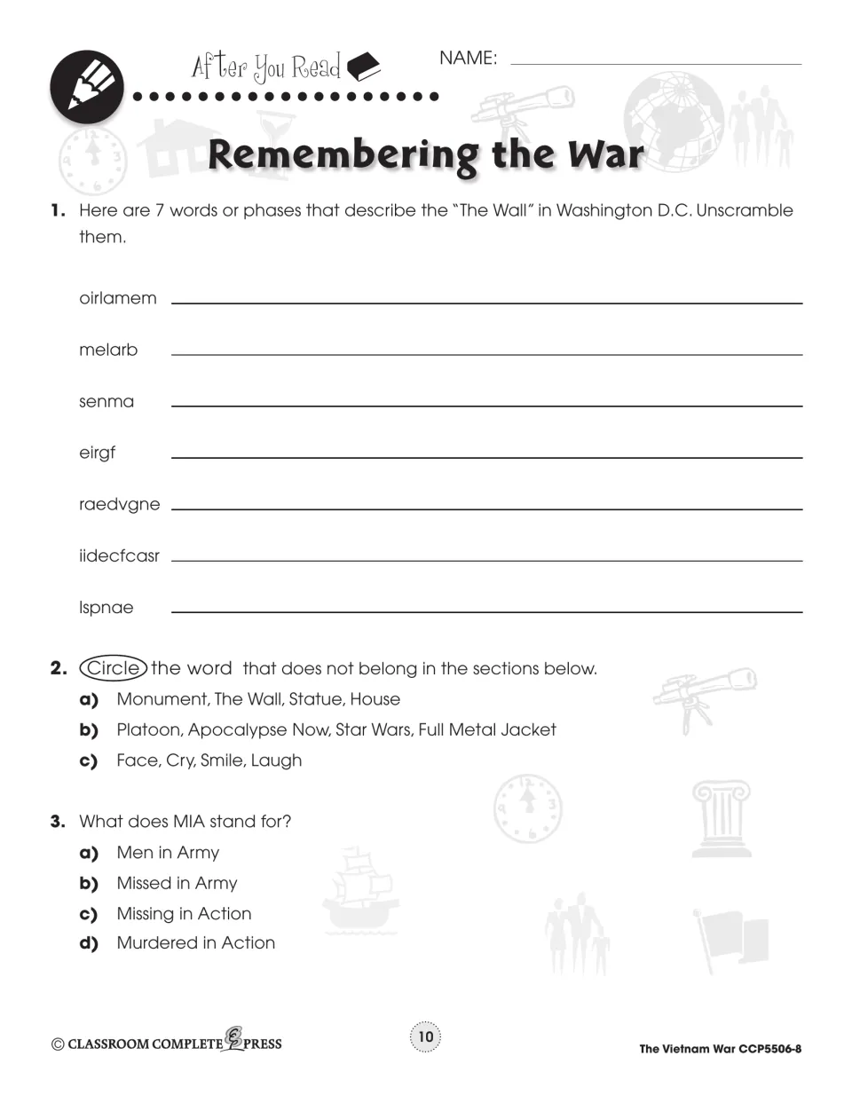 After You Read: unscramble 7 words about The Wall, circle the word that doesn't belong, and what MIA stands for