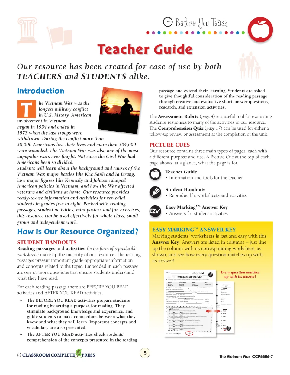 Teacher Guide: introduction to the war (1954–1973), how the handouts work, picture cues and the answer key