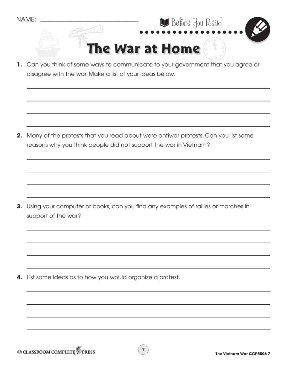 Before You Read: 4 questions on voicing views to government, why people opposed the war, organizing a protest