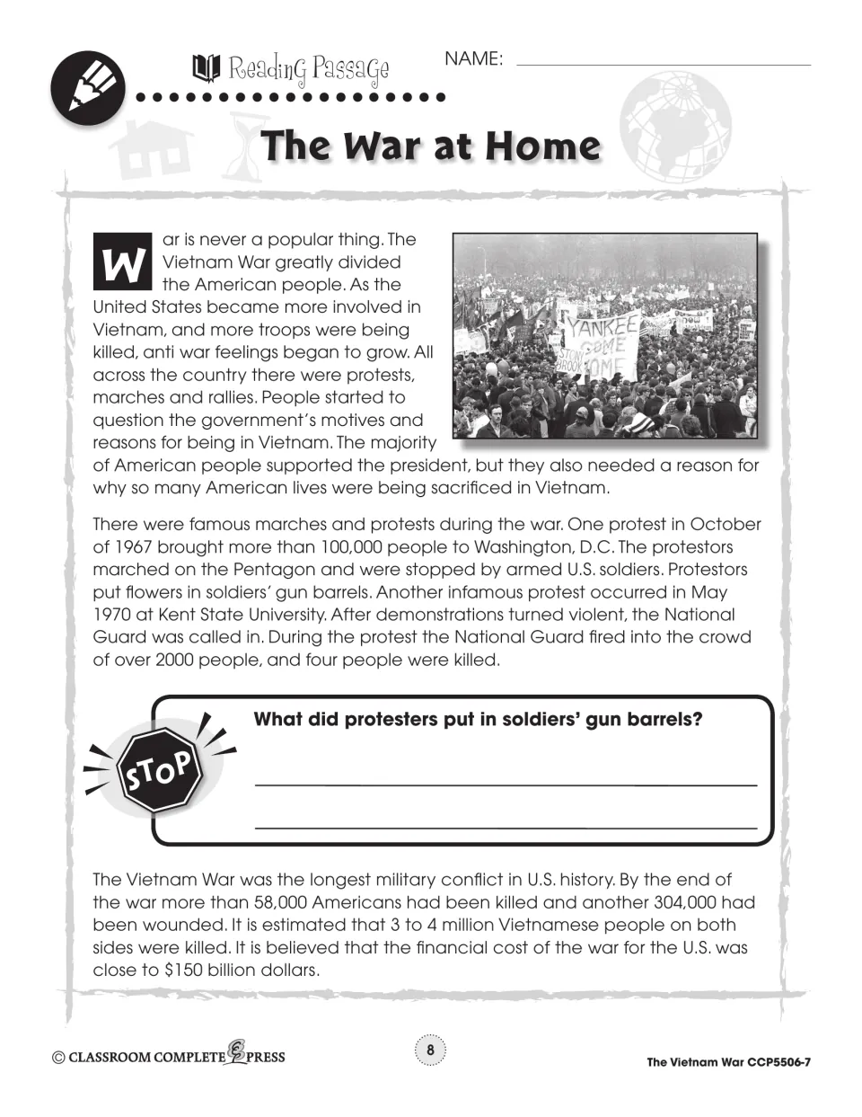 Reading passage on antiwar protests: the 1967 Pentagon march, Kent State in 1970, war costs, and a protest photo