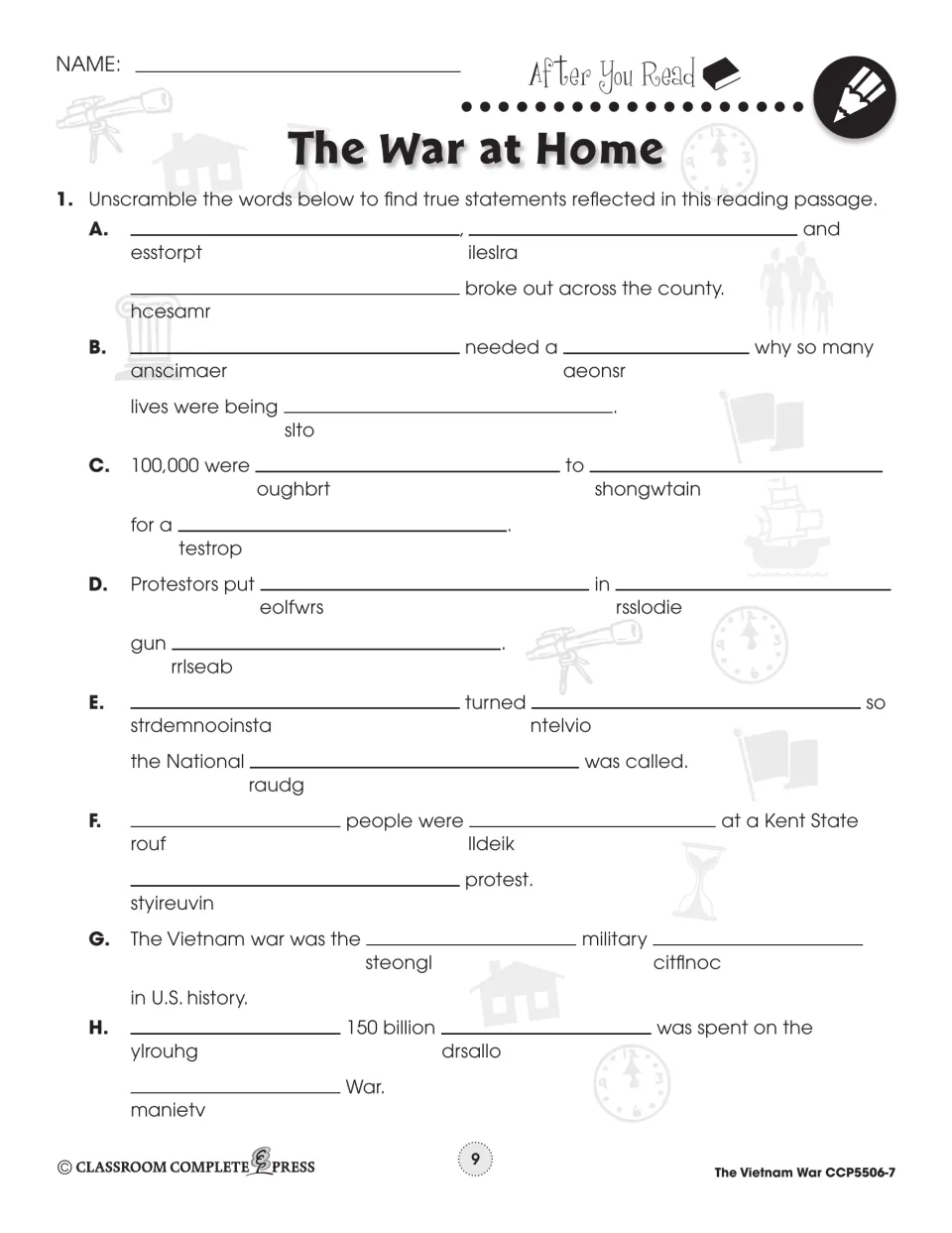 After You Read question 1: unscramble words to finish 8 passage facts about protests, Kent State and war costs