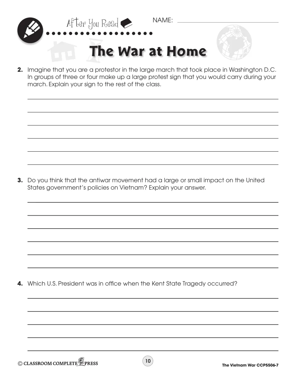 After You Read 2–4: make a protest sign in groups, rate the antiwar movement's impact, name the Kent State president