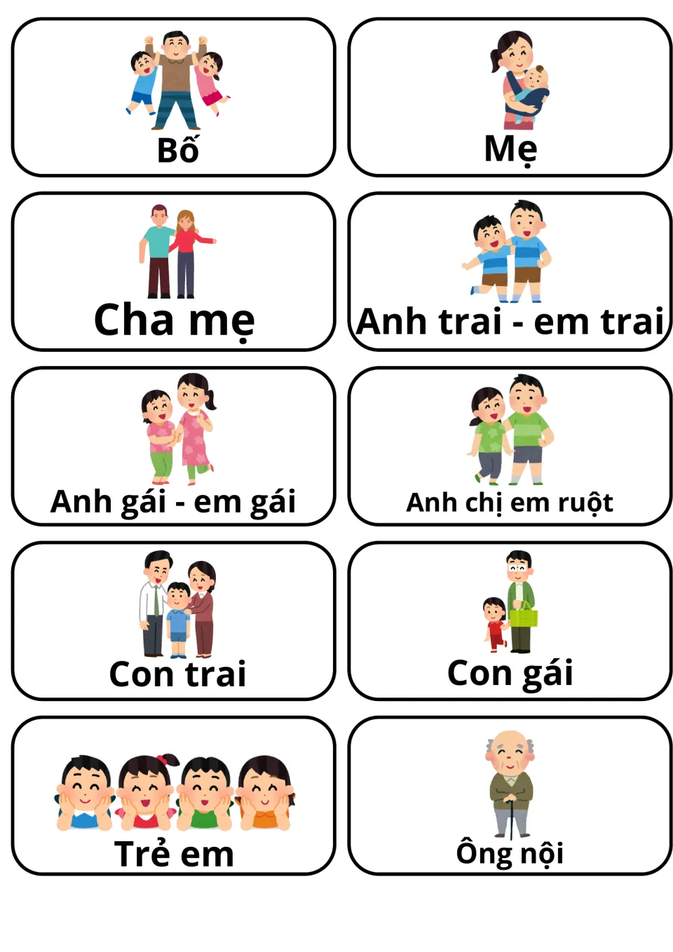 Vietnamese immediate family words: 10 picture cards such as Bố, Mẹ, Cha mẹ, siblings, Con gái and Ông nội
