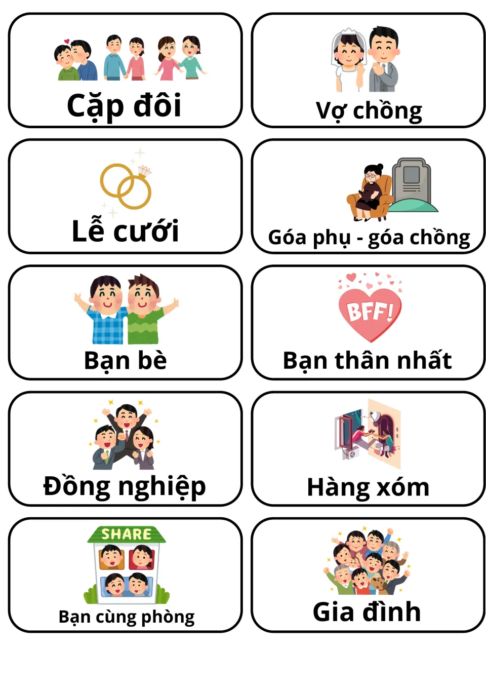 Vietnamese words for couples, friends and others: 10 picture cards such as Lễ cưới, Bạn bè, Hàng xóm, Gia đình