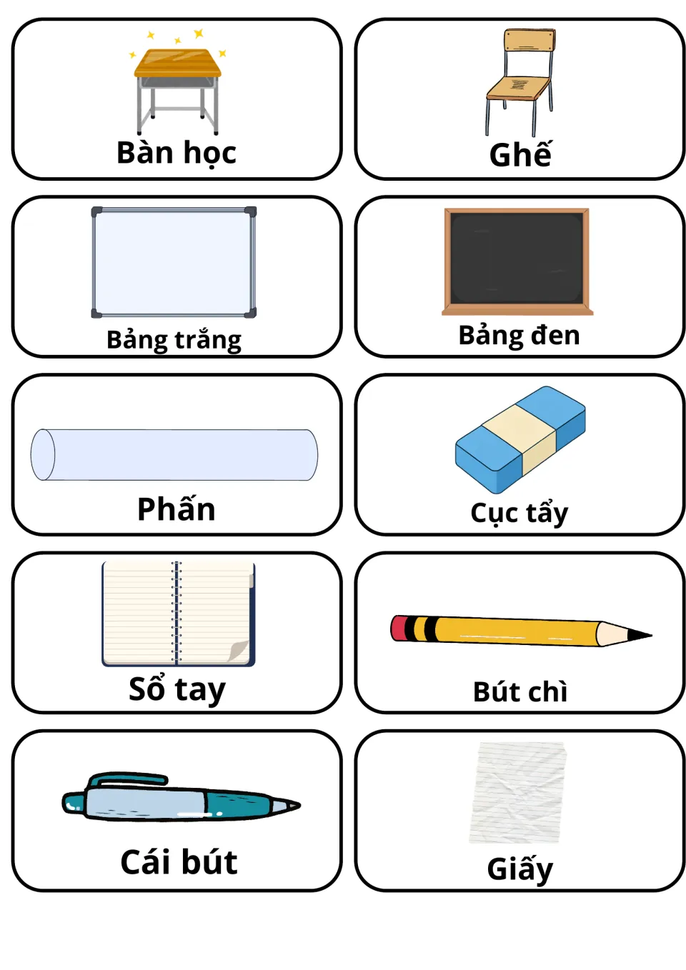 Vietnamese classroom items: 10 picture cards naming desk, chair, boards, chalk, eraser, notebook, pencil, pen and paper