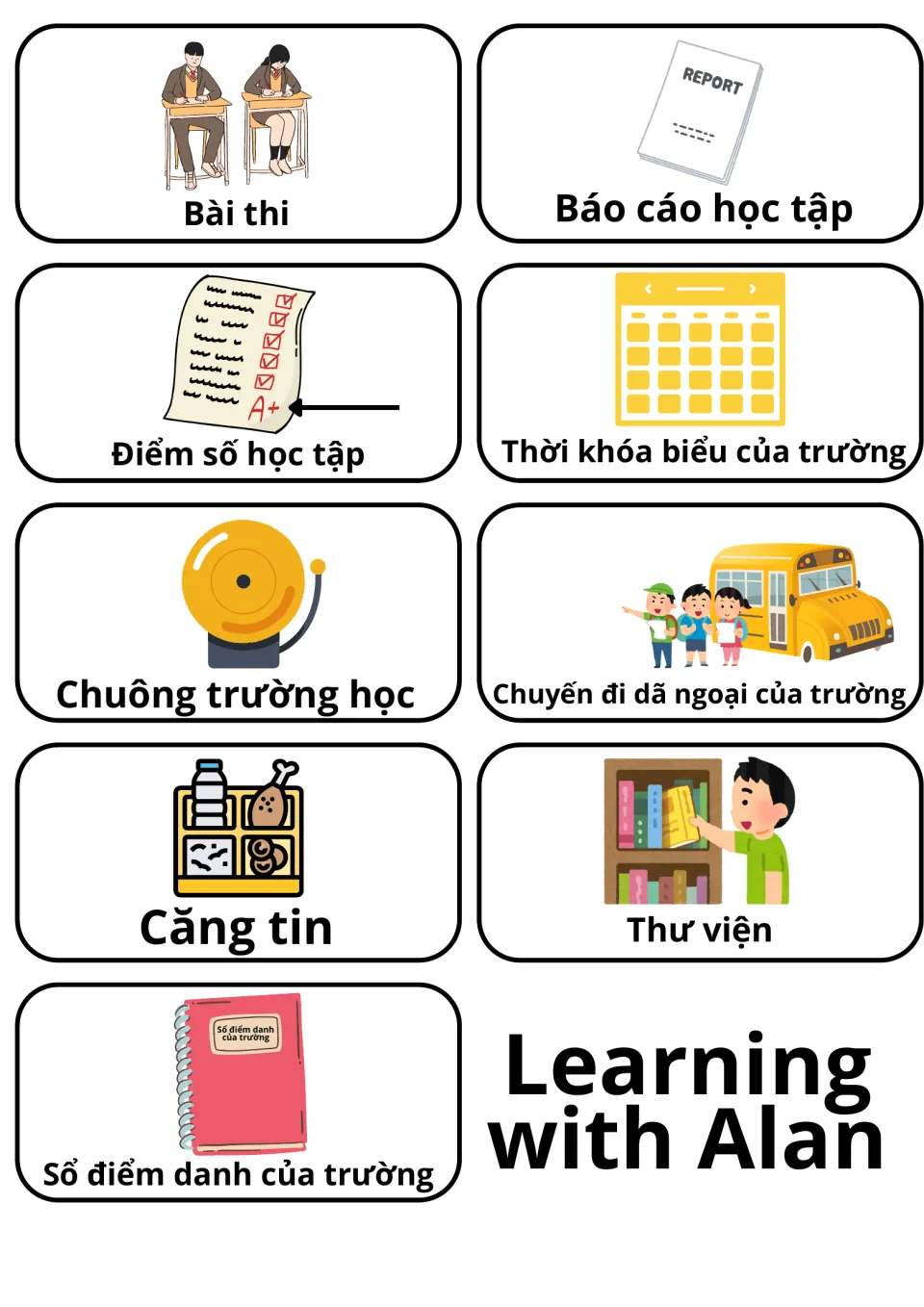 Vietnamese school life cards: exam, report card, grades, timetable, bell, field trip, canteen, library and attendance book