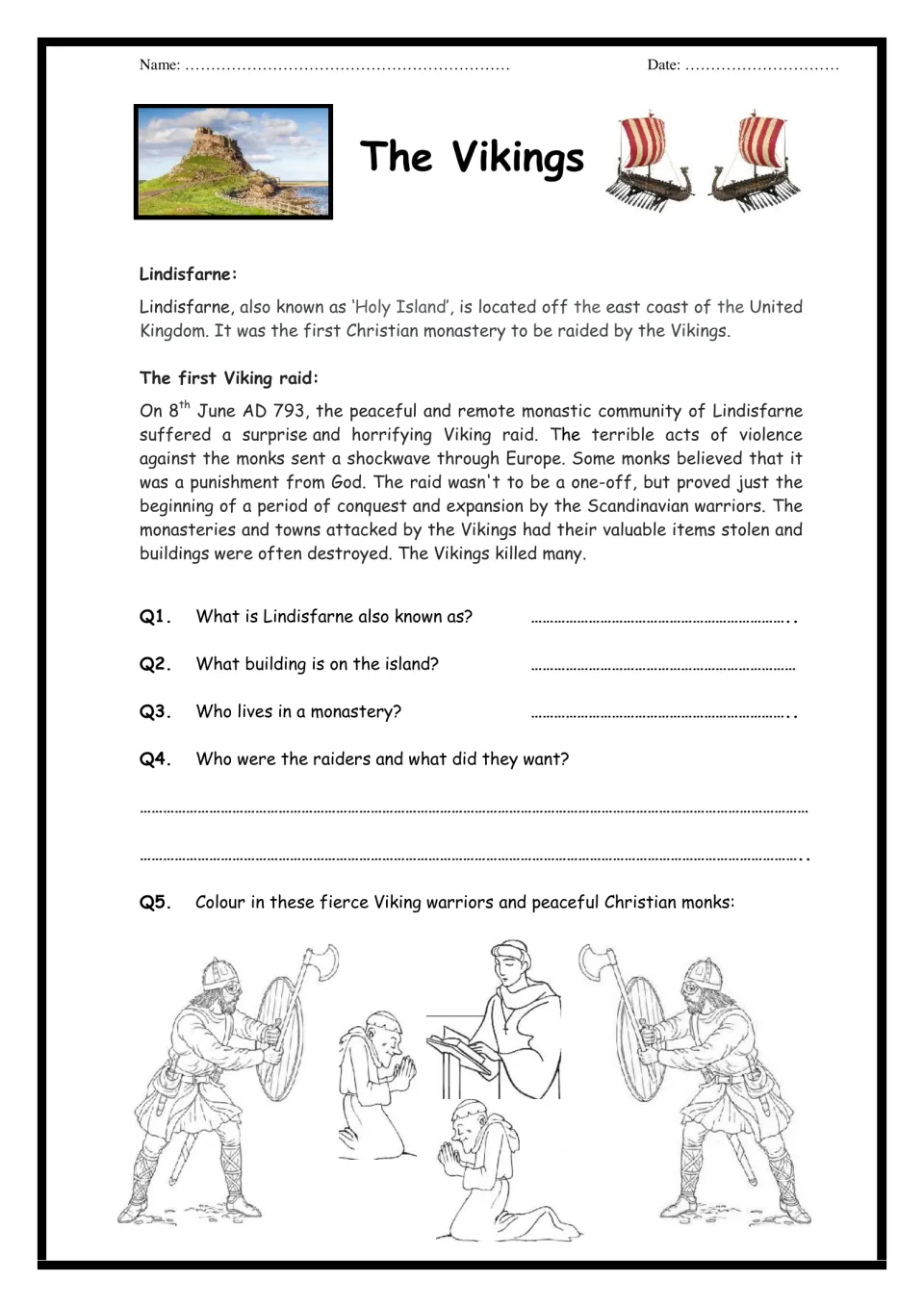 Viking history booklet page 1: Lindisfarne raid reading, questions 1–4, and warrior and monk coloring.