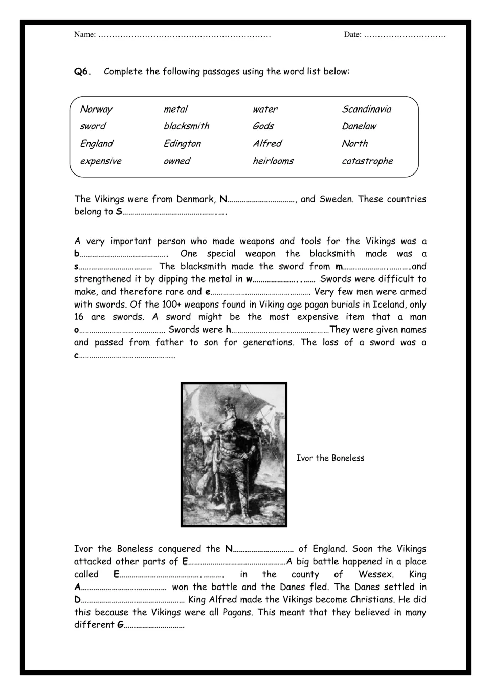 Viking history booklet page 2: word-bank passages on Scandinavia, swords, Ivor the Boneless, and Alfred.