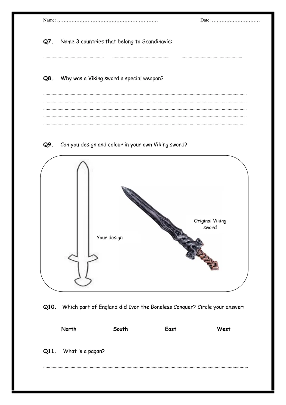 Viking history booklet page 3: questions 7–11 on Scandinavia, swords, conquest, and paganism, plus sword design.