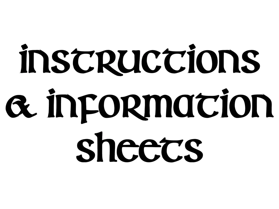 Section title page reading Instructions & Information Sheets in a Celtic-style font, opening the student handouts