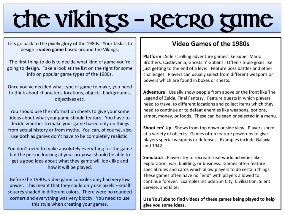The Vikings - Retro Game brief: students design a pixel-style 1980s video game after reading about four game genres
