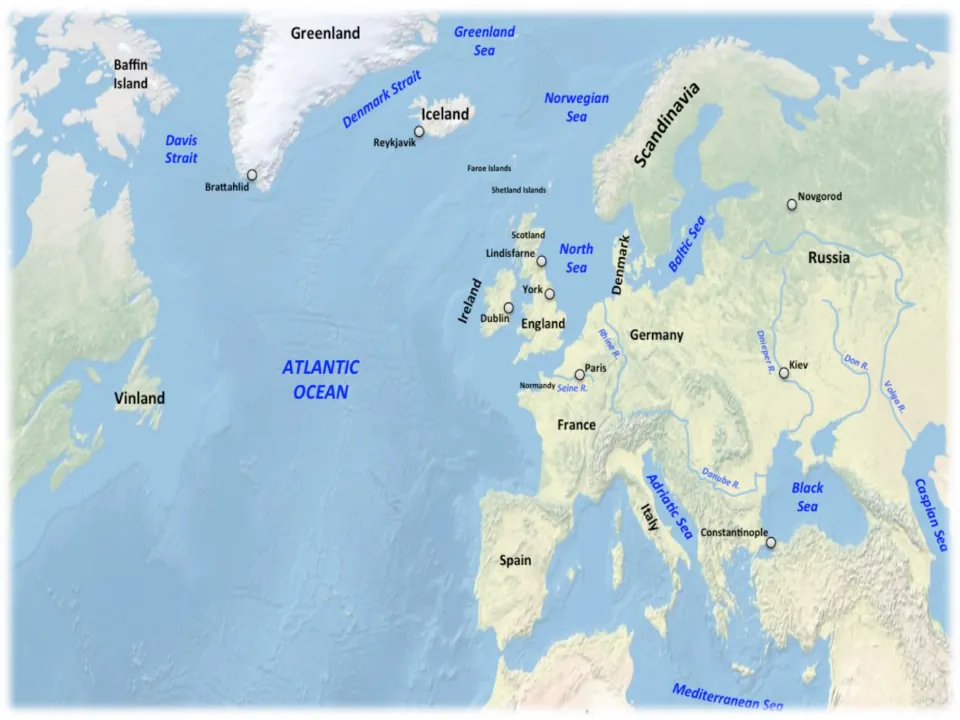 Map of the North Atlantic and Europe from Vinland to Russia, marking Lindisfarne, York, Dublin, Kiev and Constantinople