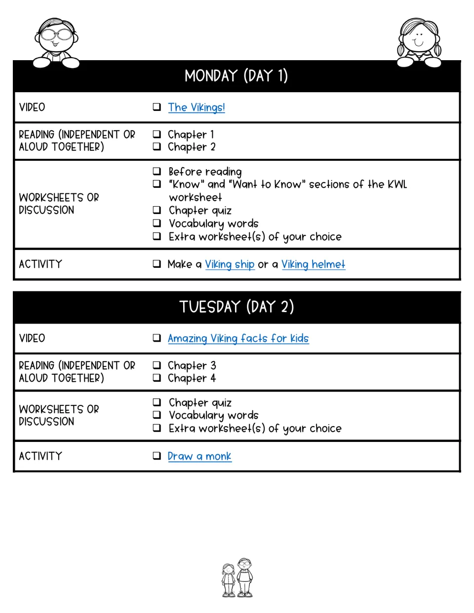 Days 1–2 lesson plans cover chapters 1–4, Viking videos, quizzes, vocabulary, crafts, and drawing a monk