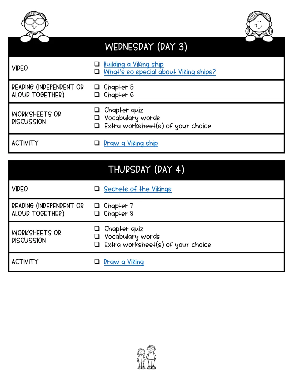 Days 3–4 lesson plans cover chapters 5–8, Viking ship videos, quizzes, vocabulary, and drawing activities