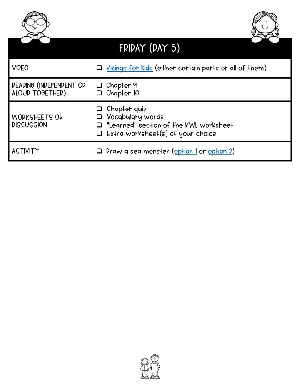 Day 5 lesson plan covers chapters 9–10, a Viking video, quiz, vocabulary, KWL reflection, and sea monster art