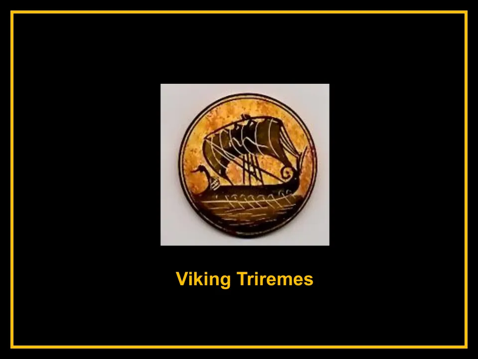 Presentation cover titled 'Viking Triremes' with a circular ship illustration showing a sail and oars