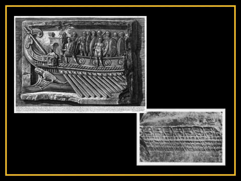 Trireme presentation slide showing two carved ship reliefs, including figures on deck and rows of oars