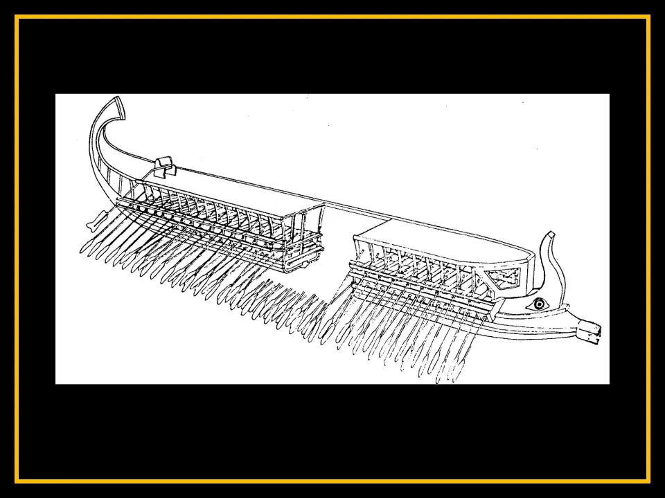 Trireme construction slide featuring a cutaway drawing that reveals tiered rowing positions and oars