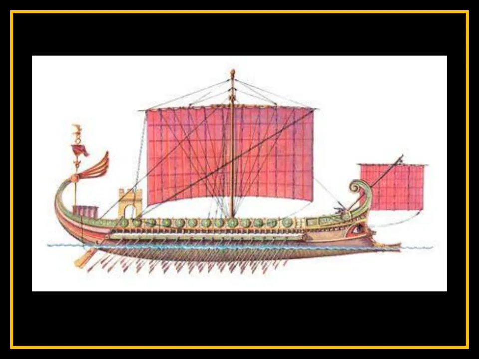 Ship illustration in the trireme crew section showing two red sails, shields along the deck, and oars