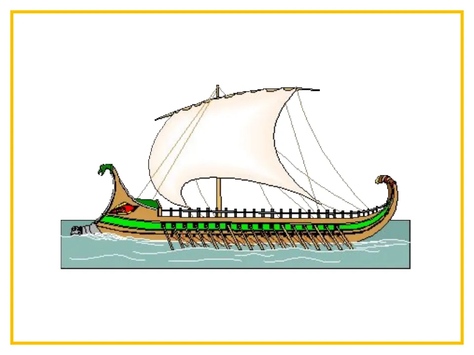 Ship illustration in the trireme presentation showing a single white sail, curved ends, and side oars
