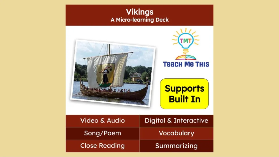 Lesson deck cover introducing Vikings through video, audio, vocabulary, close reading, and summarizing