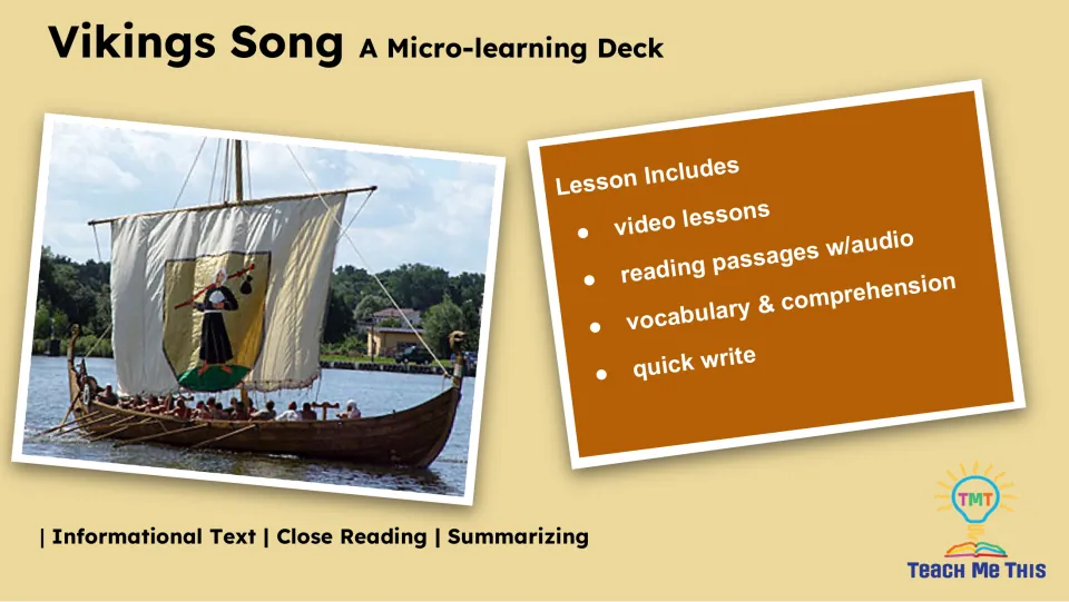 Lesson overview listing video lessons, reading passages with audio, vocabulary, comprehension, and a quick write