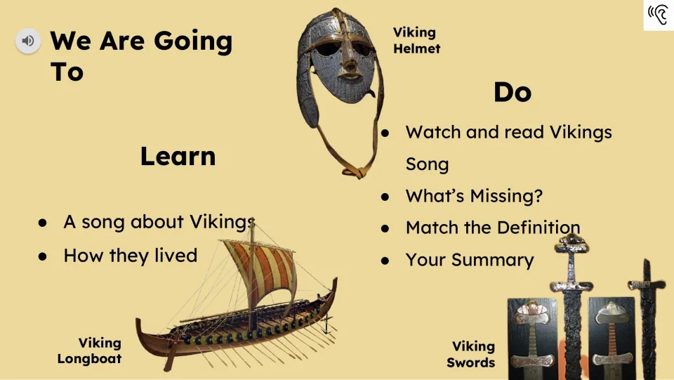 Learning goals introduce a song and Viking life; tasks include watching, reading, matching, and summarizing