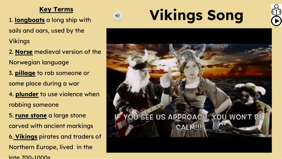 Vocabulary and song video slide defining longboats, Norse, pillage, plunder, rune stone, and Vikings