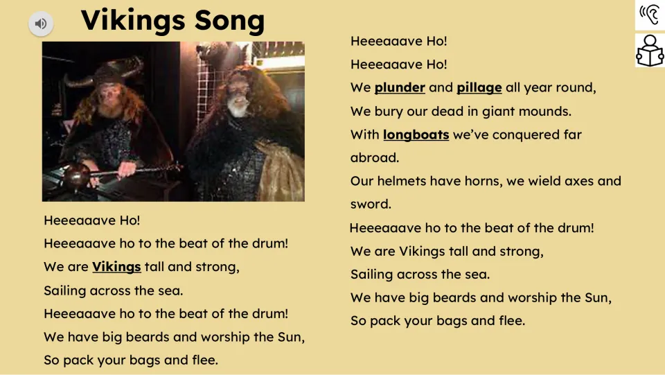 First song-reading slide includes verses about sailing, plunder, pillage, burial mounds, and longboats
