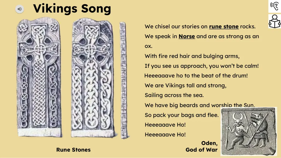 Second song-reading slide includes verses about carving stories on rune stones and speaking in Norse