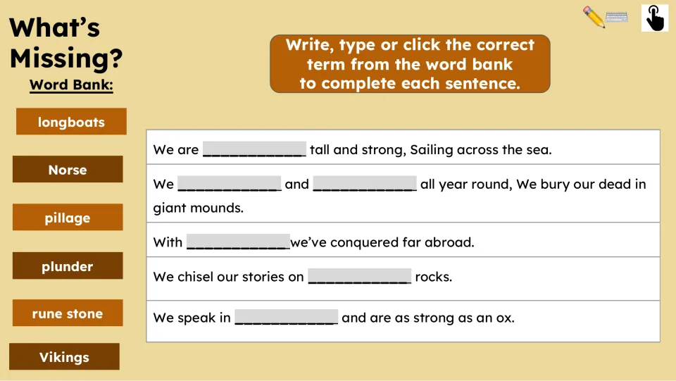 Missing-word activity uses six vocabulary terms to complete five sentences drawn from the Viking song