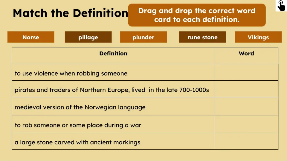 Definition-matching activity asks students to match Norse, pillage, plunder, rune stone, and Vikings