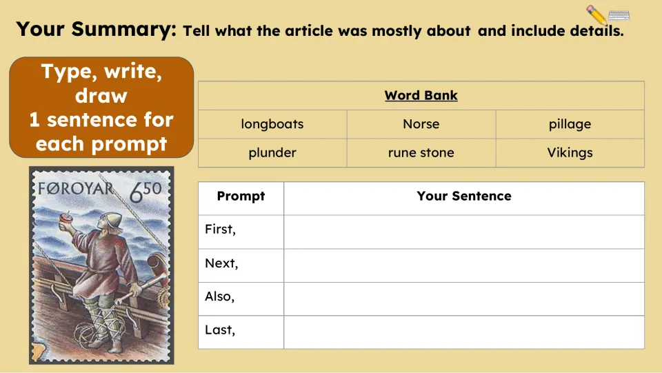 Summary activity asks for one sentence each using First, Next, Also, and Last, with a vocabulary word bank