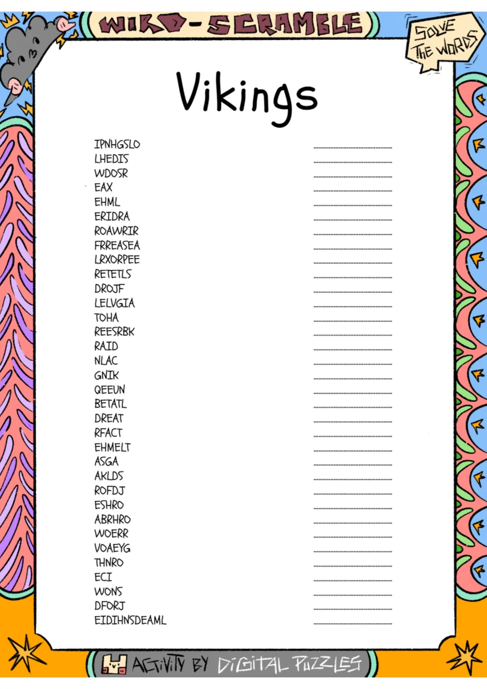Vikings word scramble: students unscramble 34 letter jumbles such as IPNHGSLO and LHEDIS into Viking words