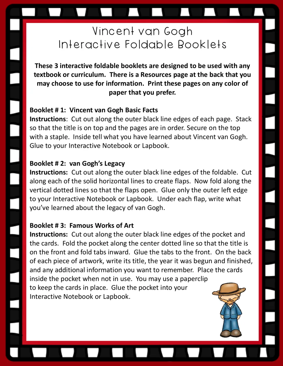 Assembly directions for three van Gogh booklets: basic facts stack, a legacy flap book and a famous artworks pocket