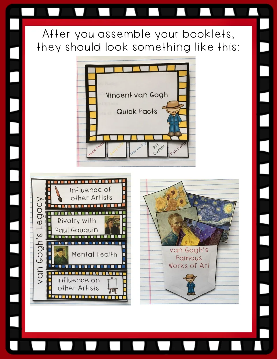 Finished van Gogh booklets in a notebook: Quick Facts tabbed stack, Legacy flaps and a pocket of painting cards