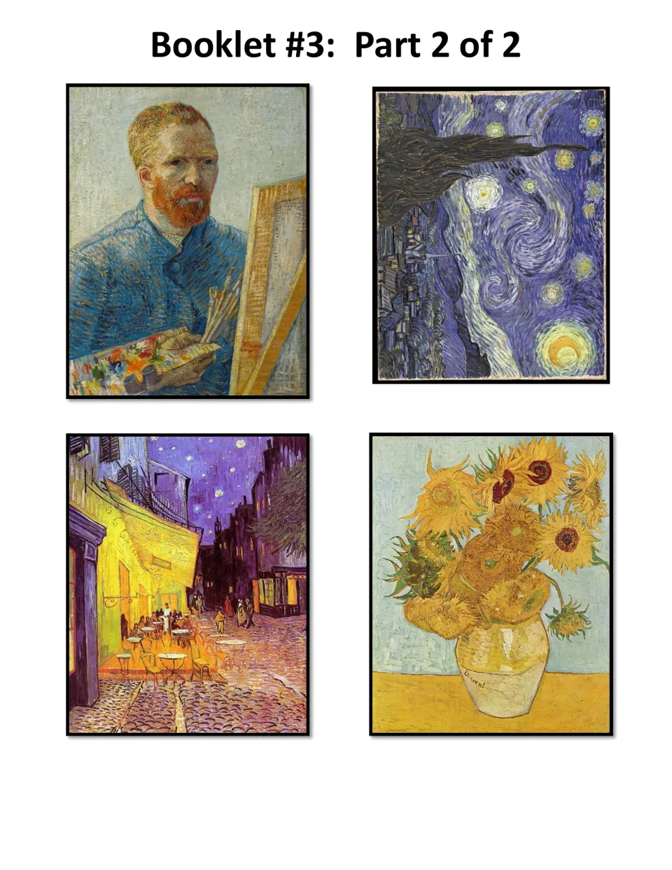 Four van Gogh painting cards: a self-portrait at the easel, The Starry Night, Cafe Terrace at Night and Sunflowers