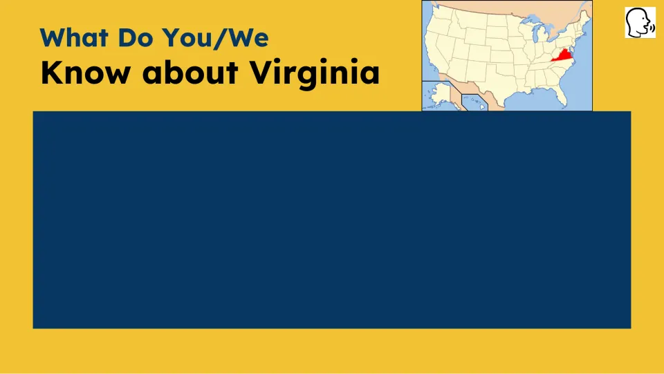 Prior-knowledge prompt asking what students know about Virginia, with the state highlighted on a U.S. map