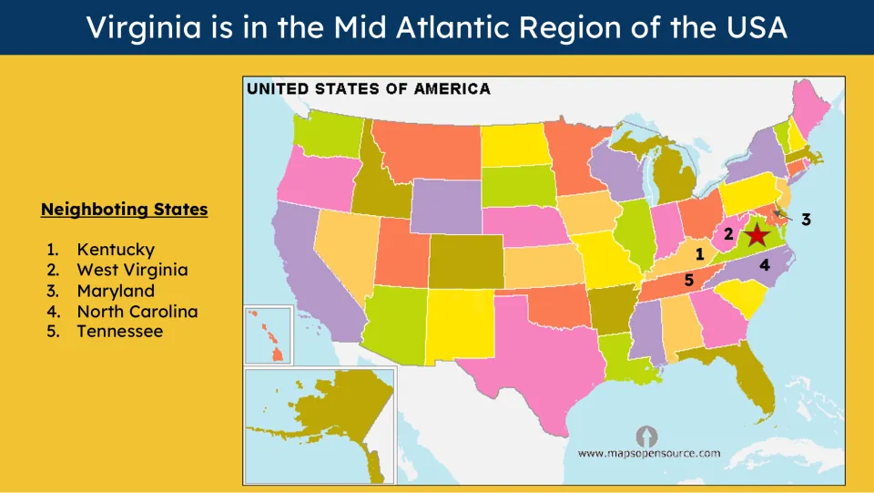 Geography slide locating Virginia in the Mid-Atlantic and naming Kentucky, West Virginia, and three more neighbors
