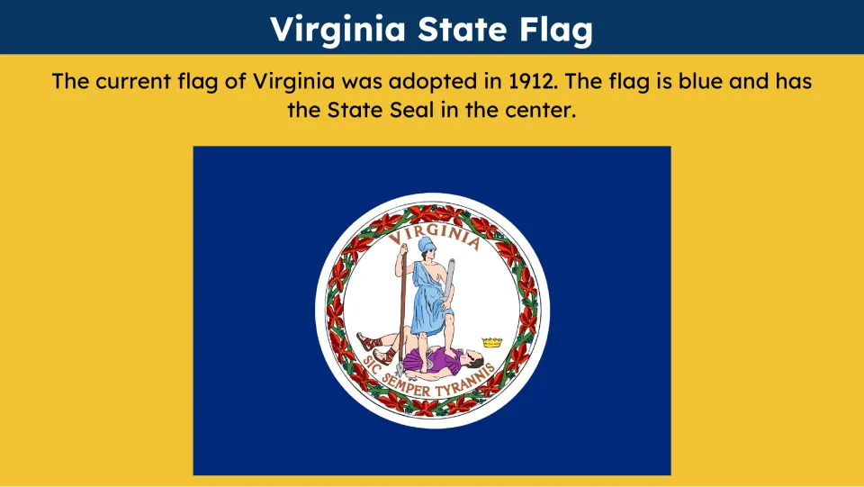 State flag slide showing Virginia's blue flag and central seal, with text giving 1912 as its adoption year