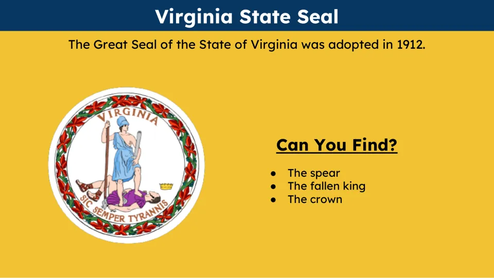 State seal slide asking students to find the spear, fallen king, and crown in Virginia's Great Seal