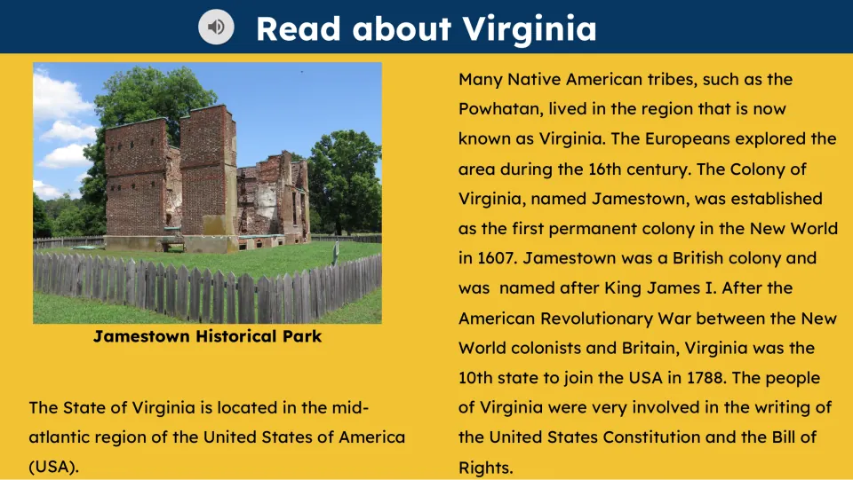 Reading slide with audio on Virginia's location, Powhatan people, Jamestown, statehood, and founding documents