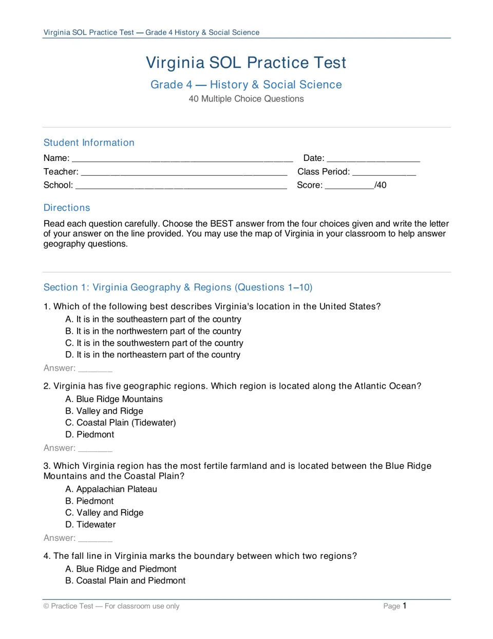 Virginia geography test opener: student info, directions and multiple-choice questions 1–4 on regions and the fall line
