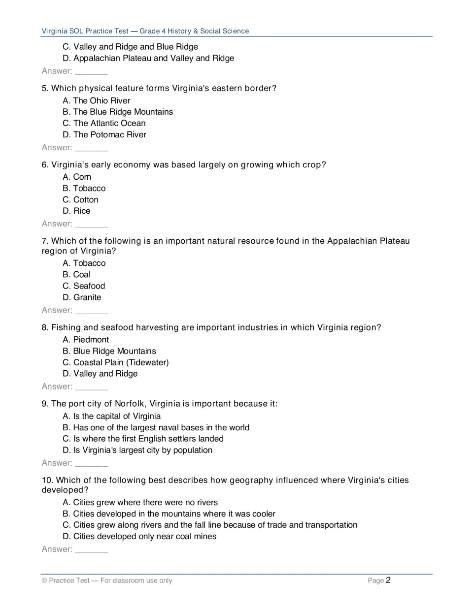 Virginia geography questions 5–10: students choose answers on the eastern border, tobacco, coal, seafood, Norfolk and cities