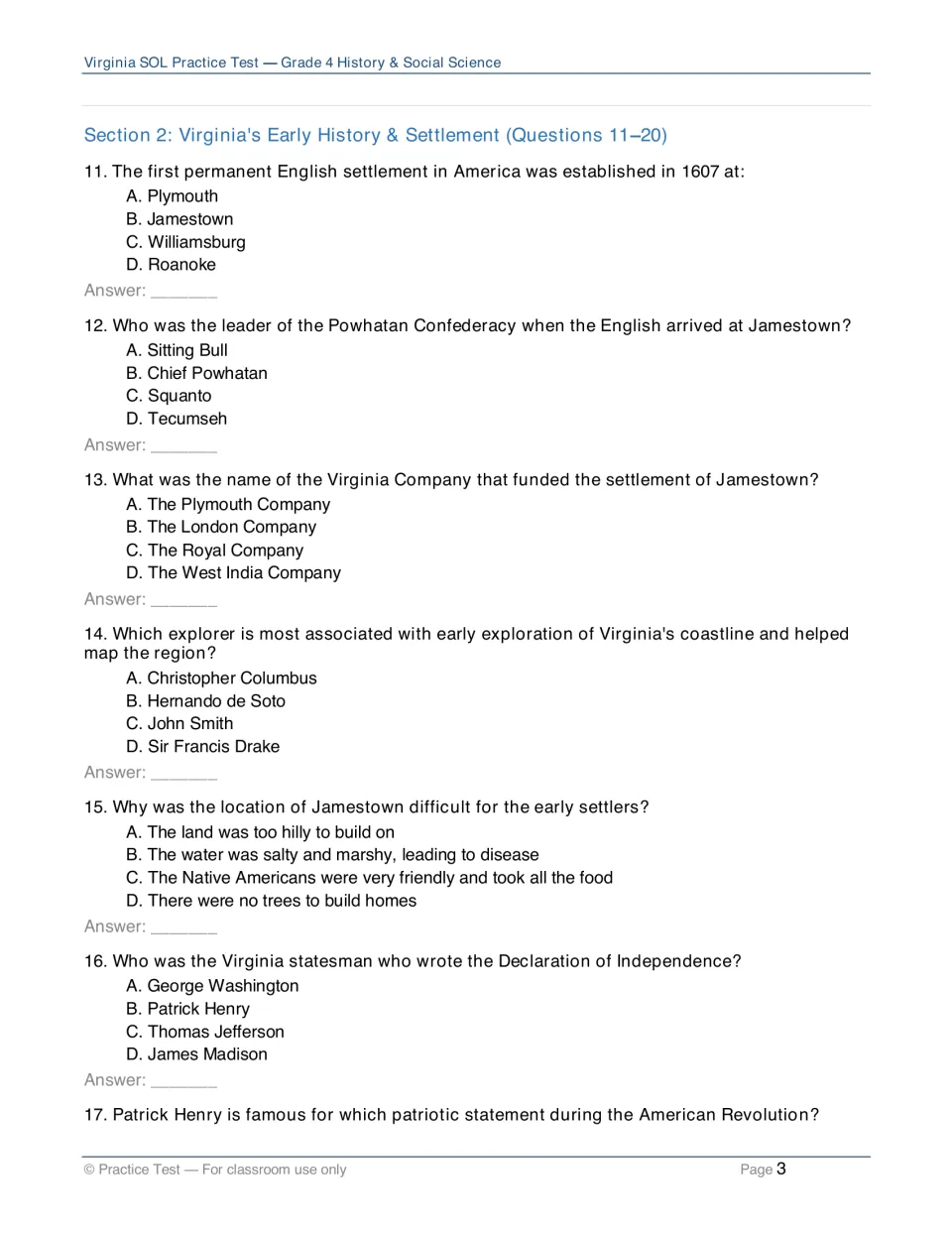 Early history and settlement questions 11–17: multiple choice on Jamestown, Chief Powhatan, John Smith and Thomas Jefferson
