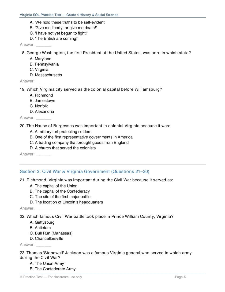 Colonial and Civil War questions 18–23: Washington's birthplace, House of Burgesses, Richmond, Bull Run and Stonewall Jackson