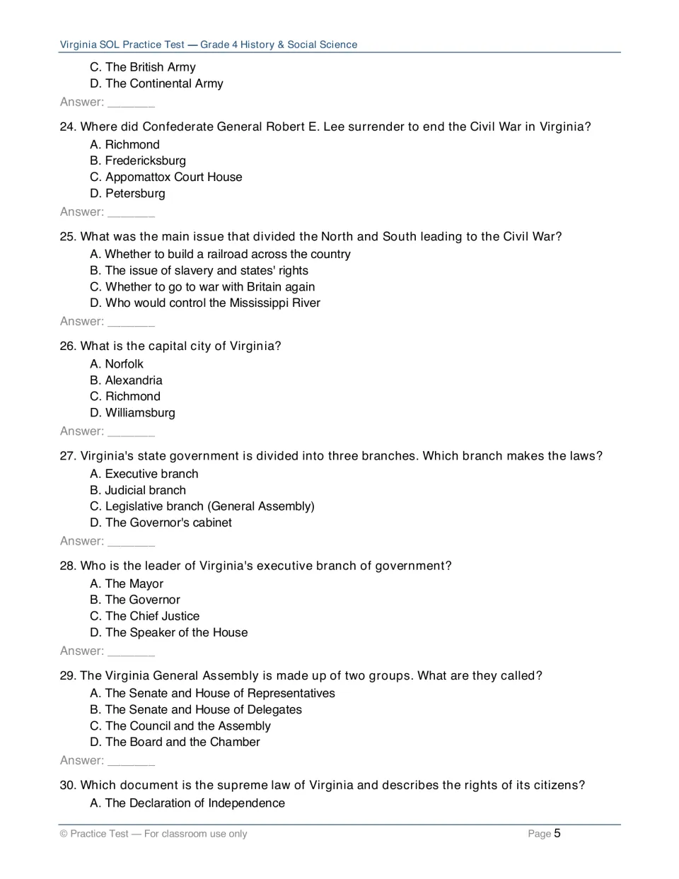 Civil War and state government questions 24–30: Appomattox, Richmond as capital, three branches and the General Assembly
