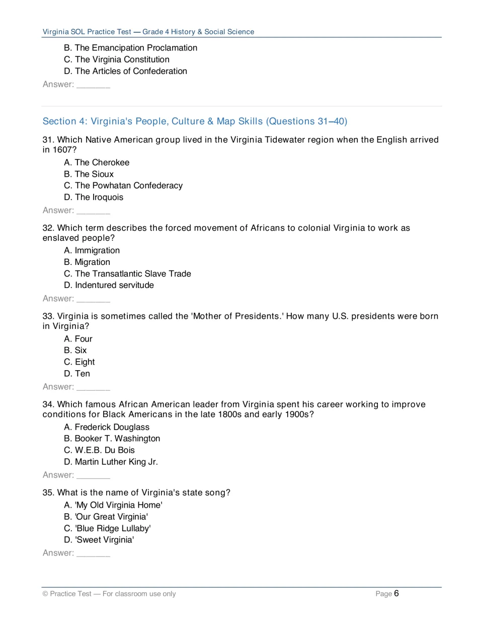 People and culture questions 31–35: students pick answers on the Powhatan, the slave trade, Booker T. Washington, state song